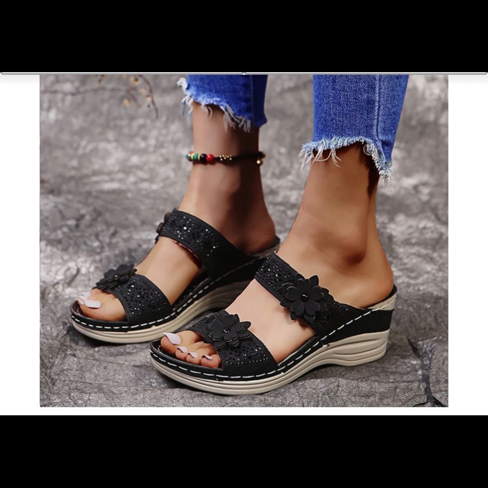 Black Women Casual Shoes Vintage Flower Fish Mouth Sandals size 8 1/2